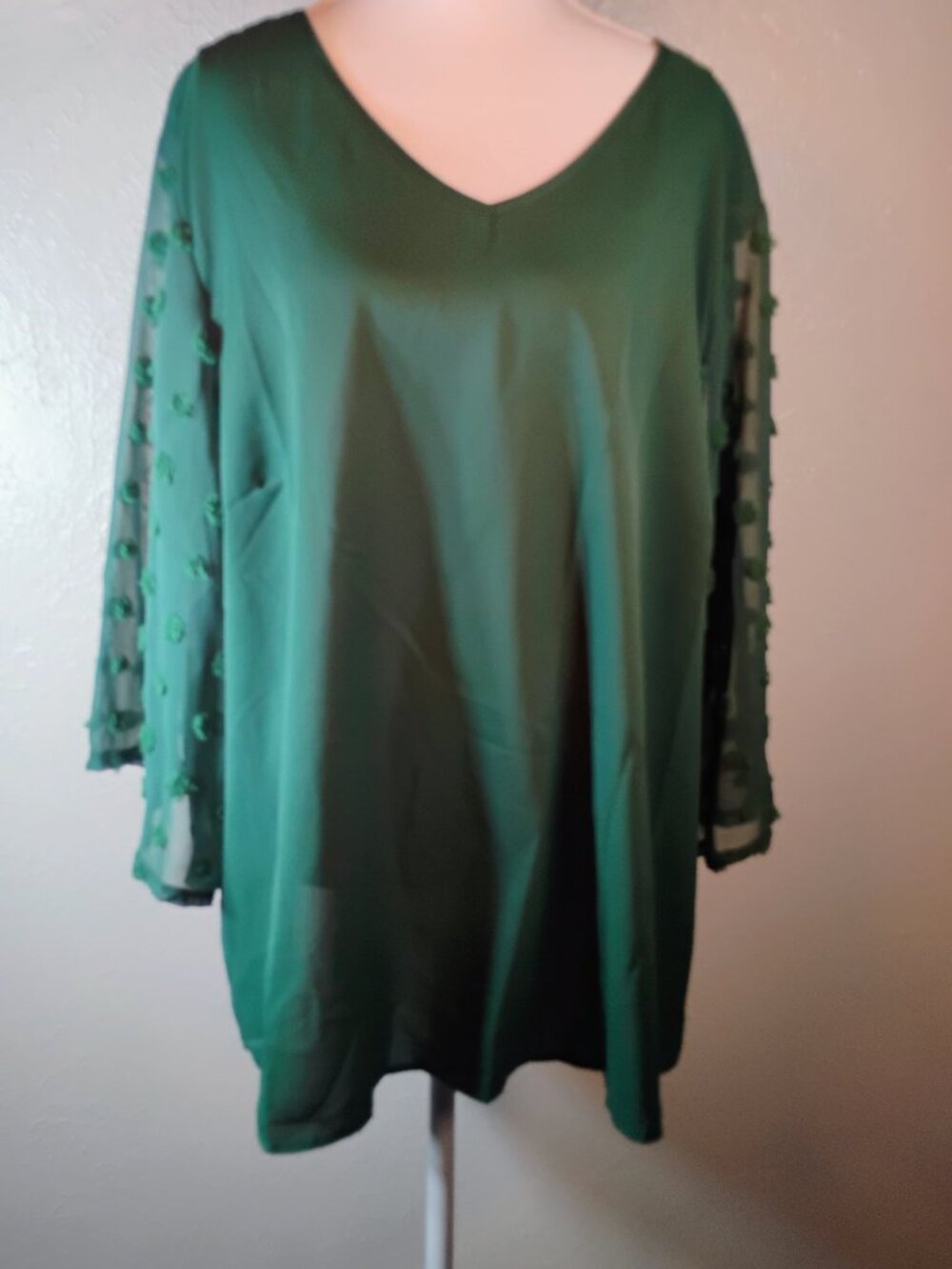 Dark Green Sheer Sleeve Polka Dot V-Neck Blouse Plus Size 3x
